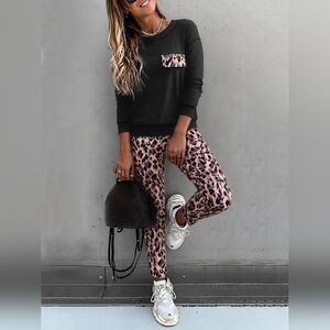 Leopard Print Women's Top And High Waist Pants Set